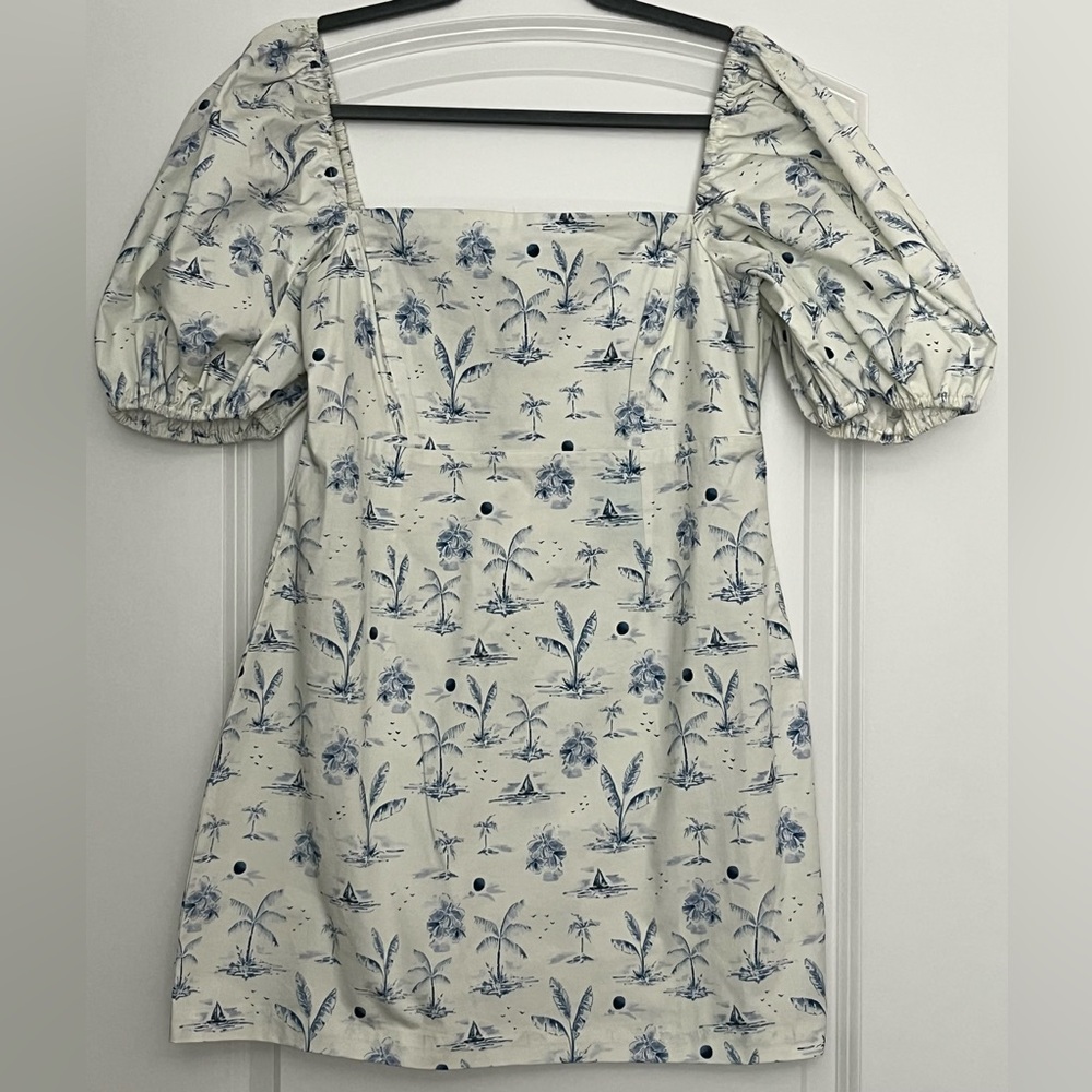 Shore the brand Santa Clara puff sleeve mini dress white Beach Days print sz M